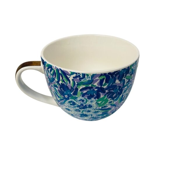 Lilly Pulitzer Ceramic Coffee Mug Floral 12 Oz Blue Green Gold Handle Accent 3 - Picture 2 of 9